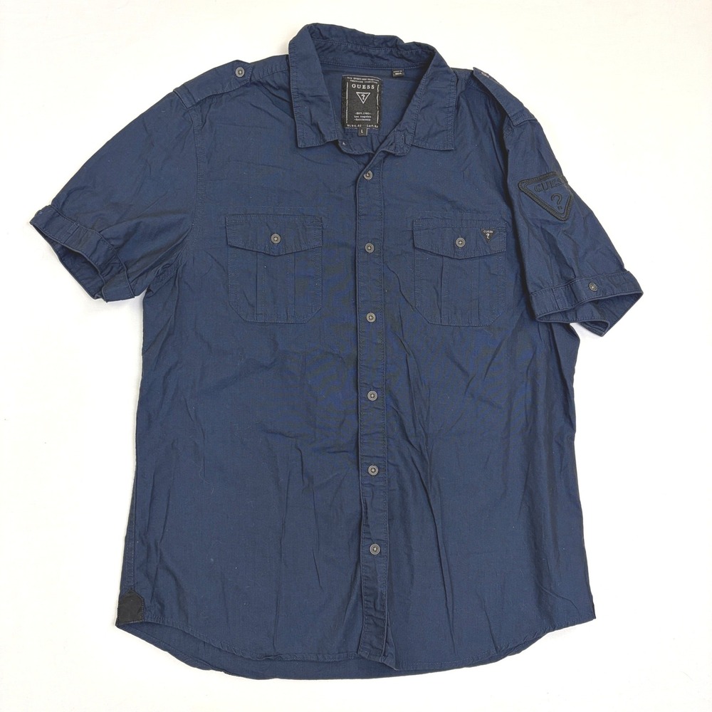 Guess‎ Mens Navy Blue Short Sleeve Military Utility Shirt Large Slim Fit Patches